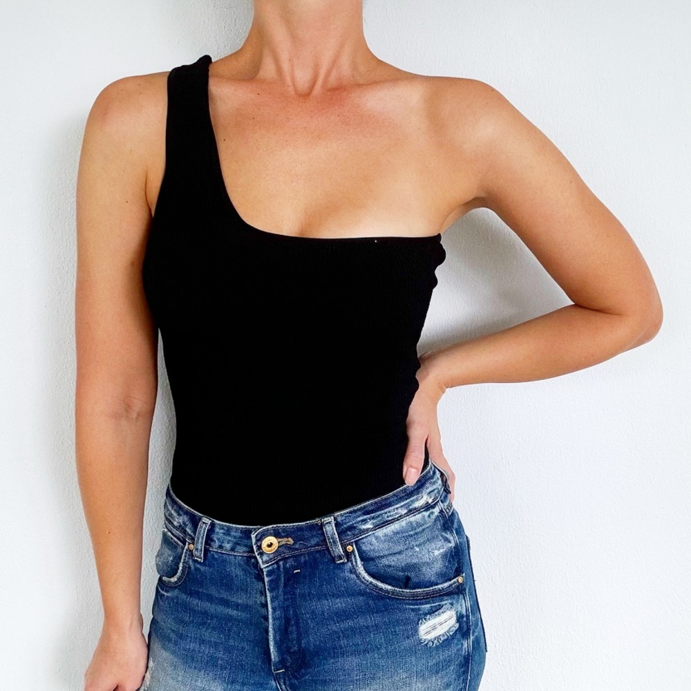 ZARA black one shoulder ribbed bodycon bodysuit top size small